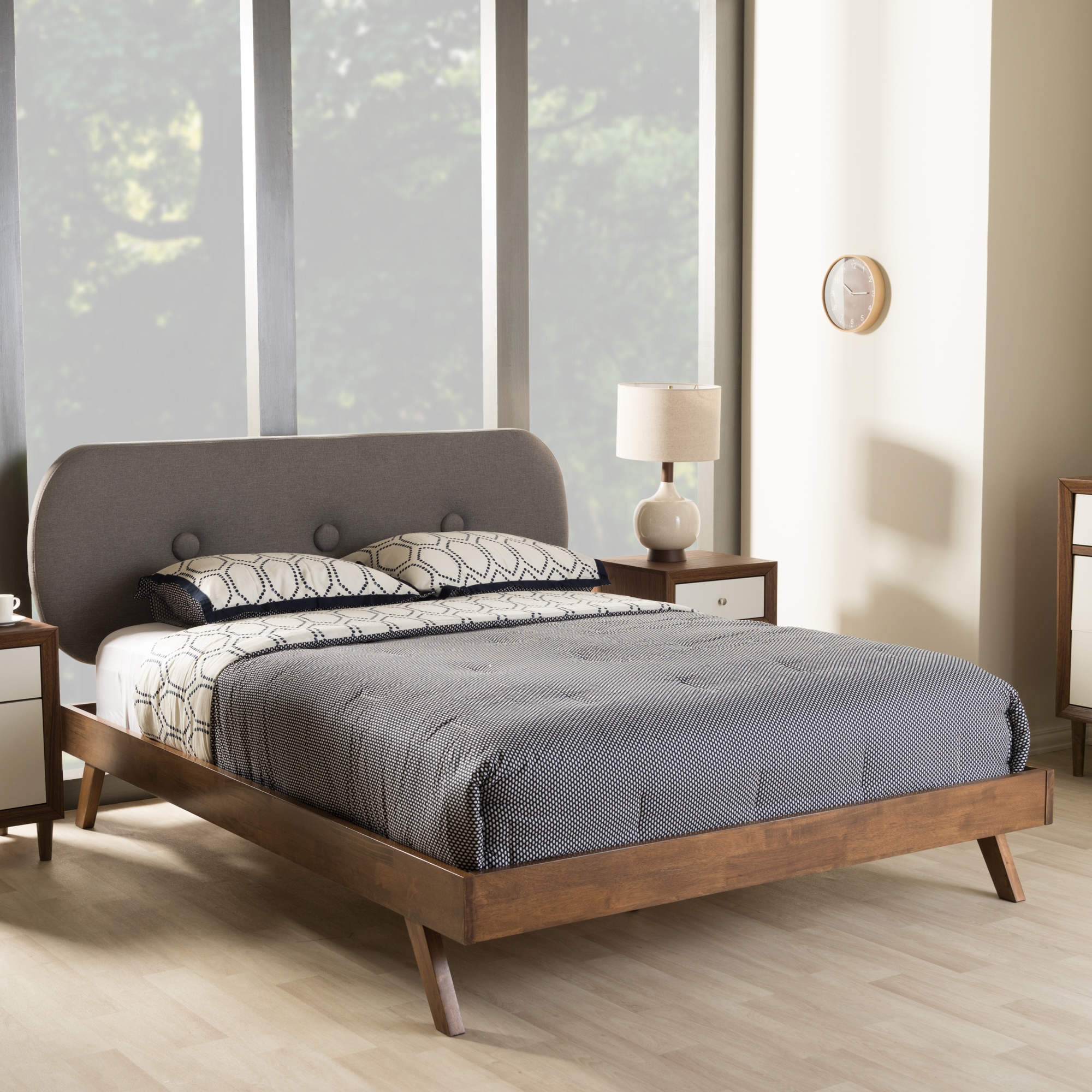 Baxton Studio Penelope Mid-Century Modern Solid Walnut Wood Grey Fabric ...